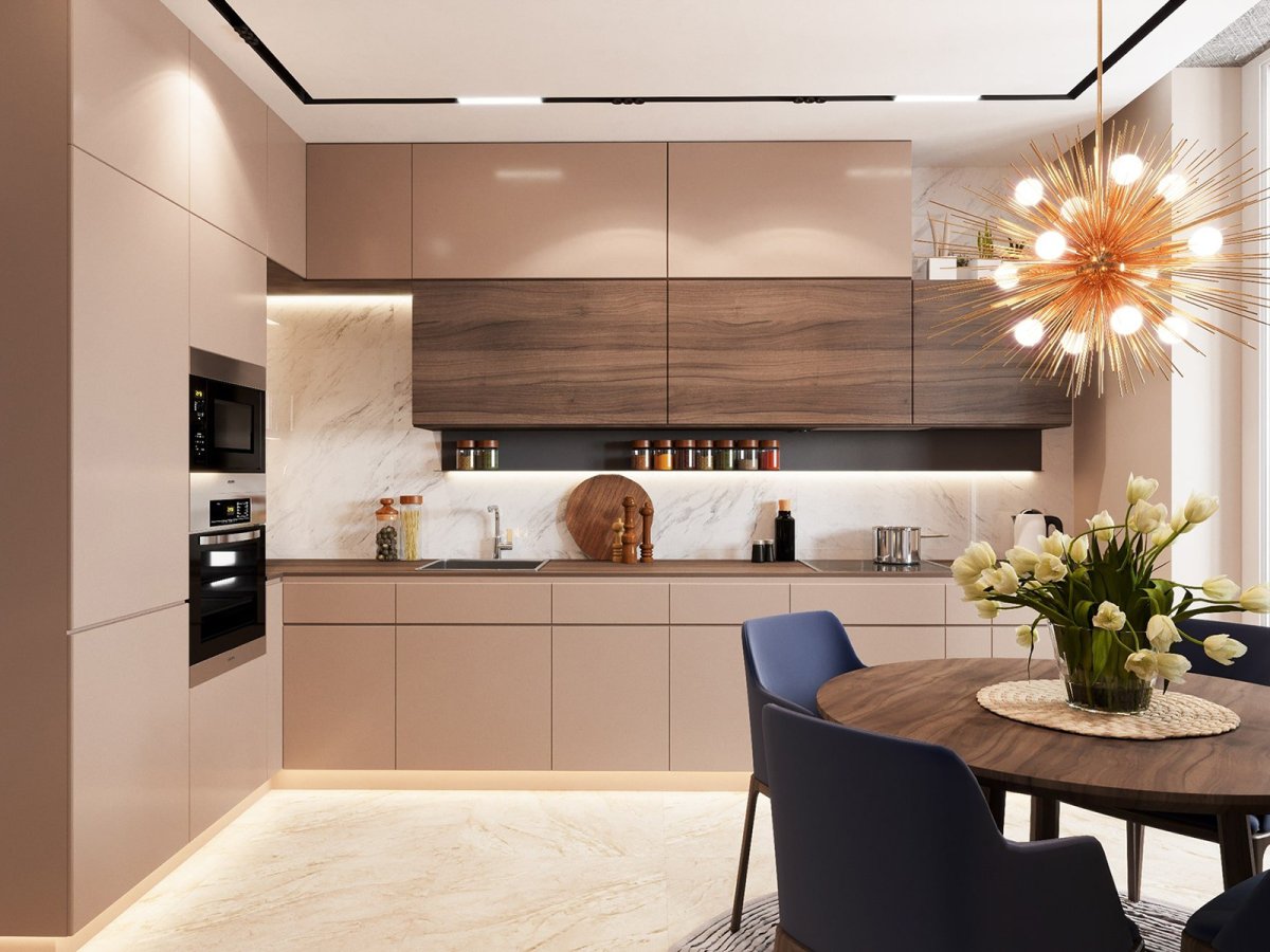 Бежевая глянцевая кухня