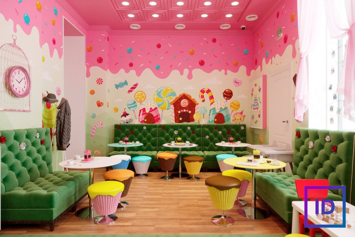 Разноцветный интерьер кафе
