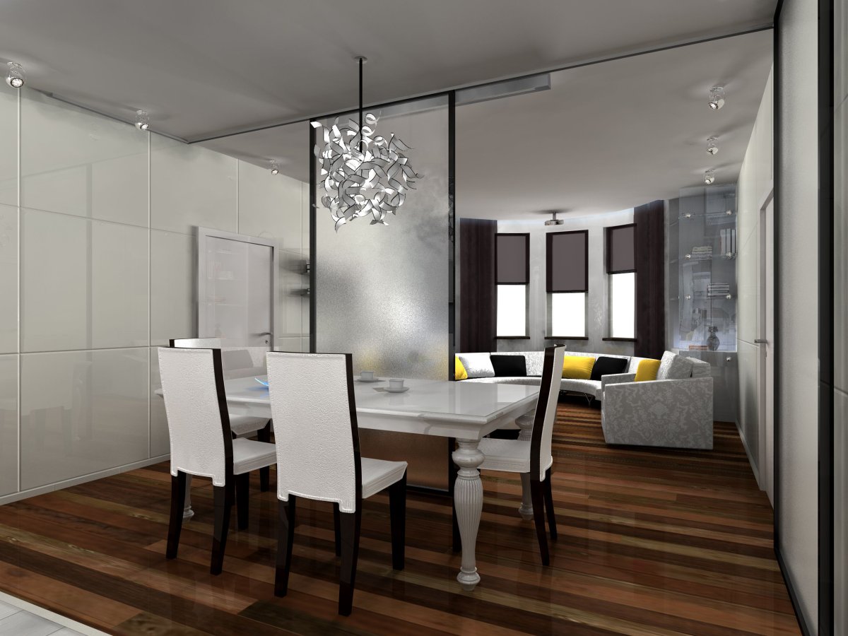 Кухня гостинная со стеклянной перегородкой