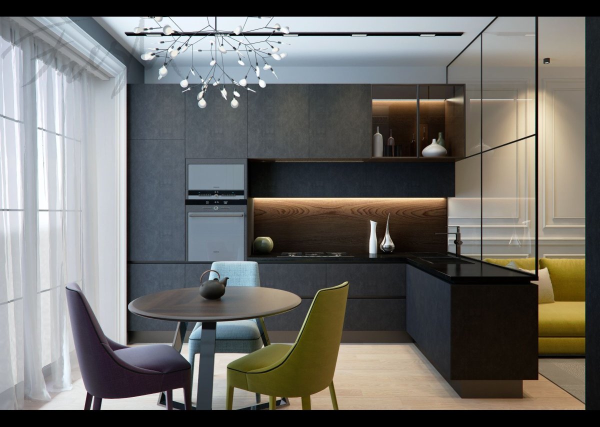 Современный интерьер кухни-гостиной 2020