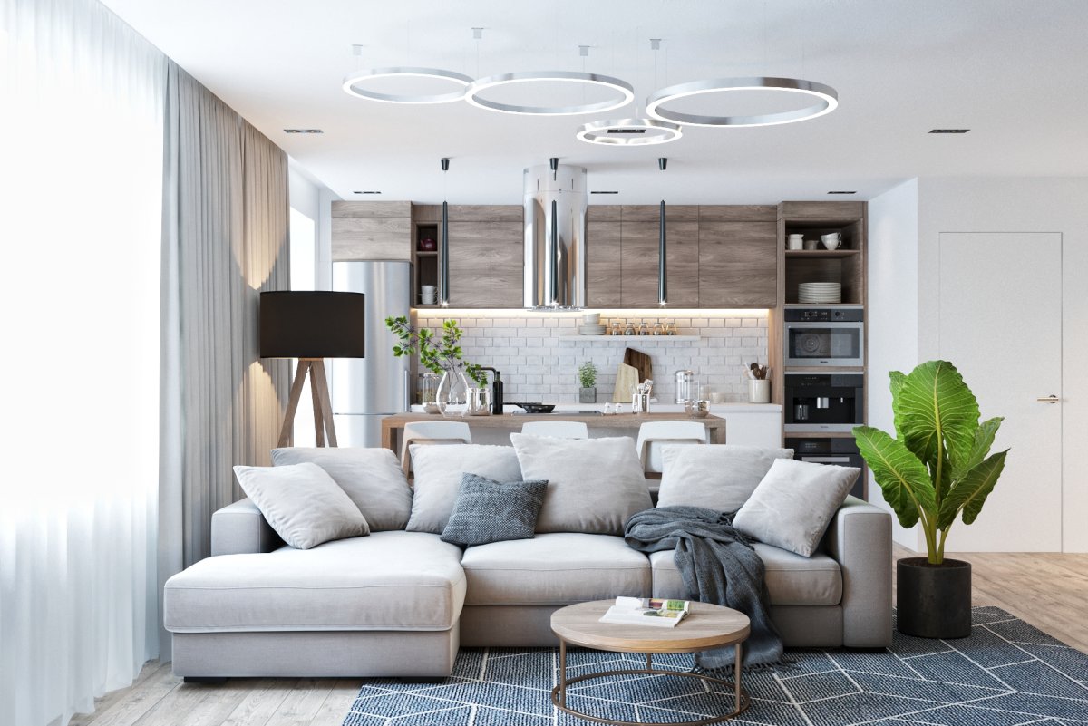 Серая кухня гостиная