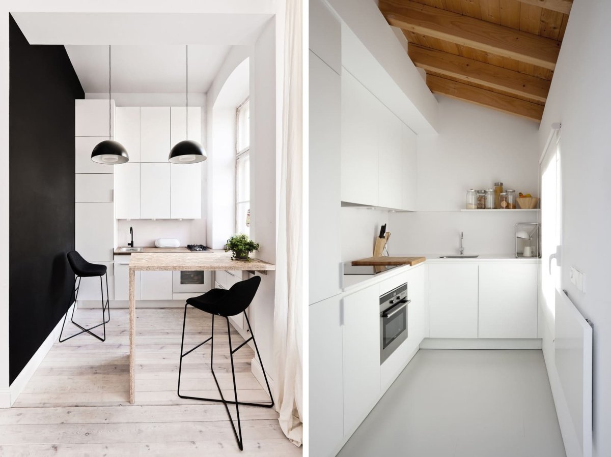 Узкая длинная кухня с барной стойкой