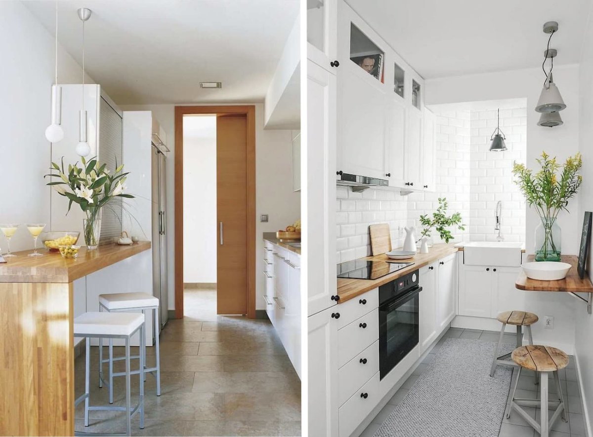 Узкая кухня-гостиная