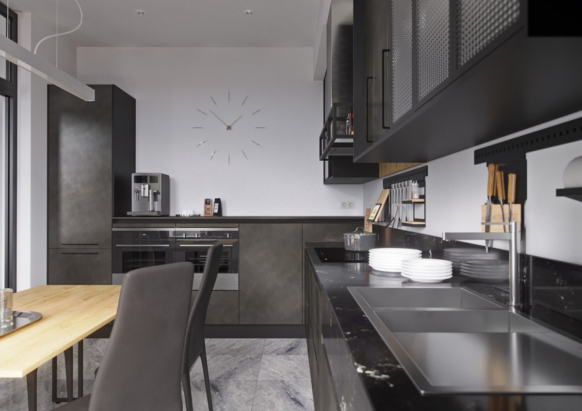 Кухня Модерн серая с деревом