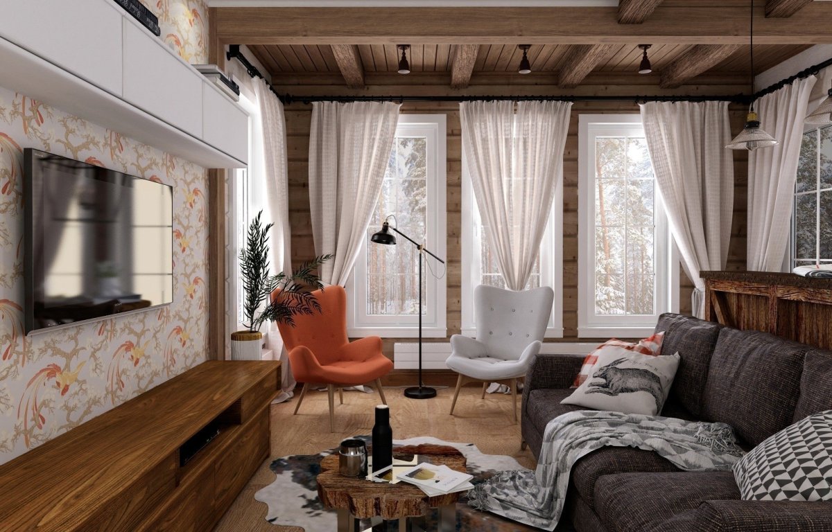 Гостиная на даче с камином