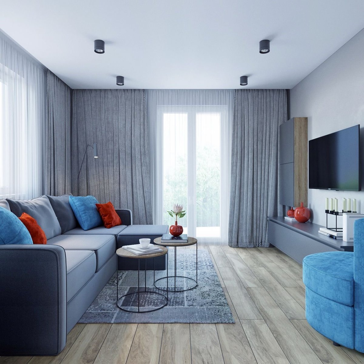 Гостиная с серыми стенами