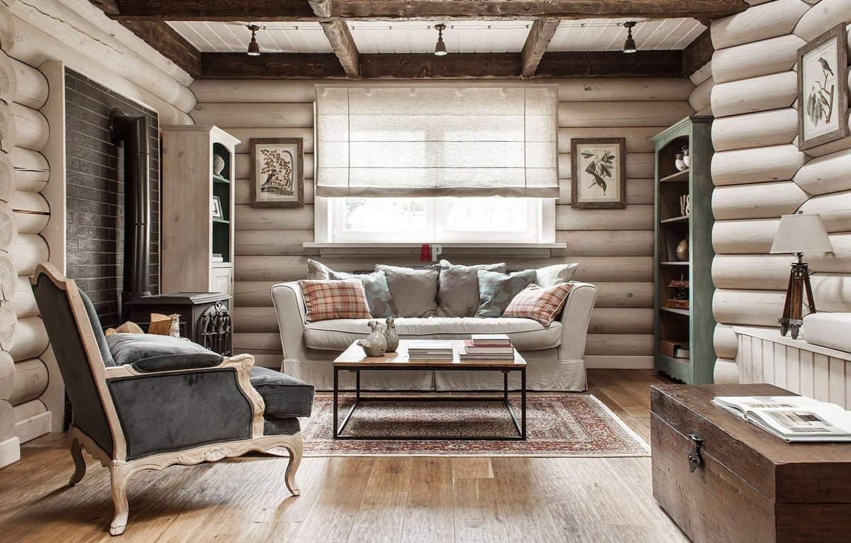 Интерьер в бревенчатом деревянном доме Прованс