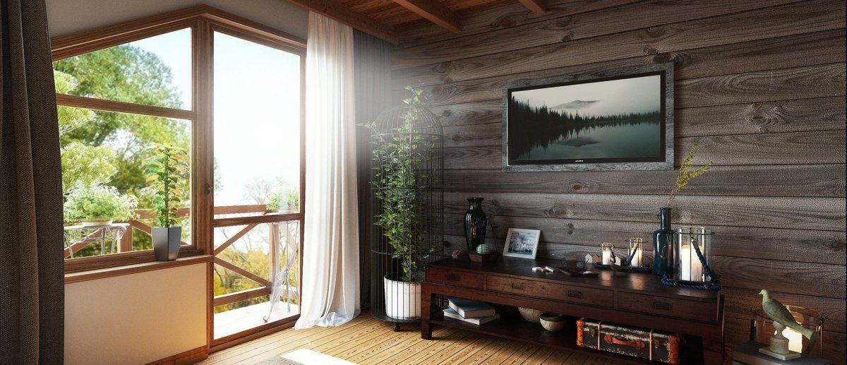 Для древесной дом шторы