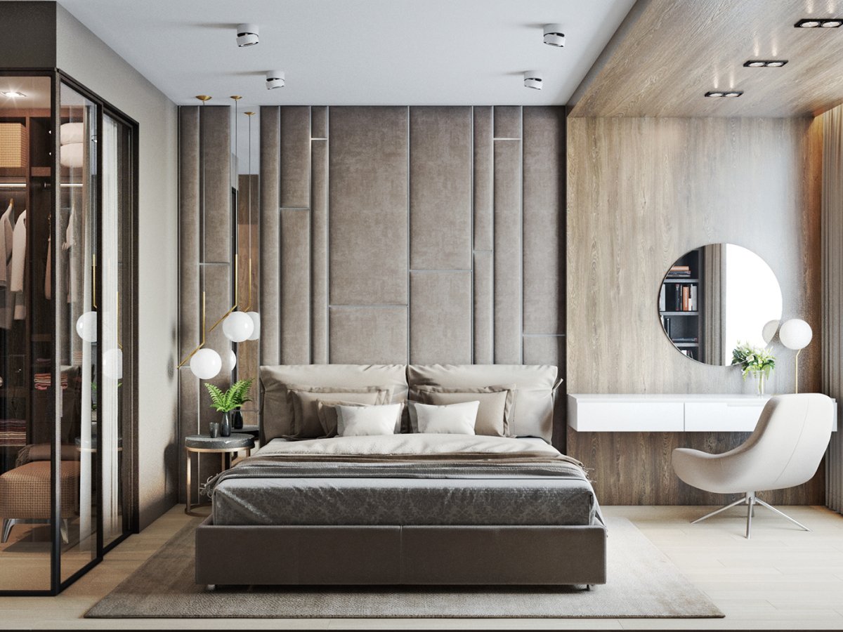 Спальня с гардеробной в современном стиле Минимализм