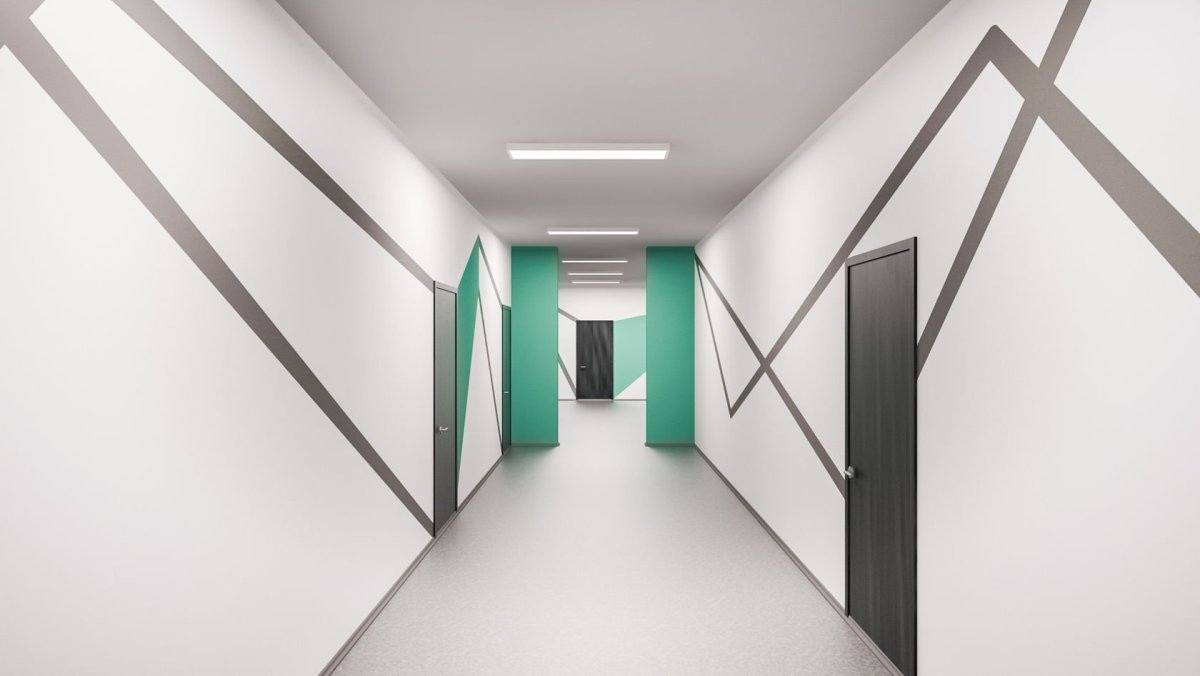 Геометрические линии на панелях коридора школы