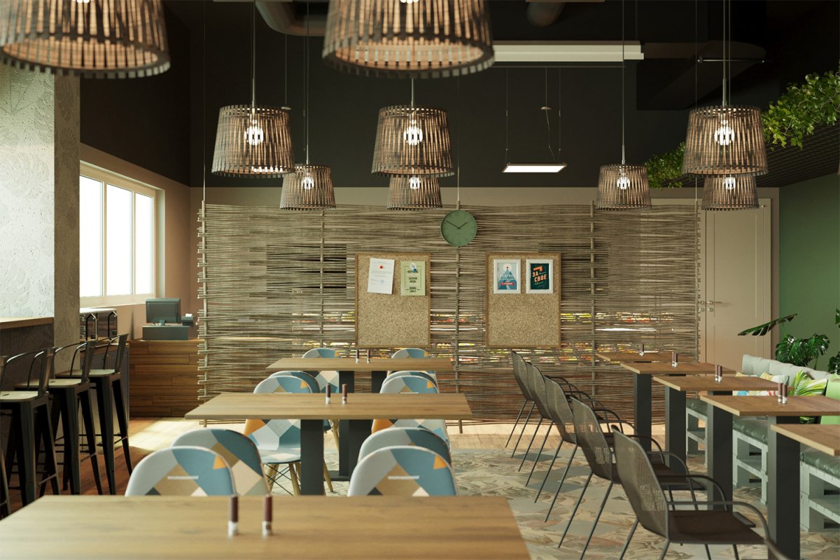 Креативный дизайн столовой для сотрудников в Леруа Мерлен