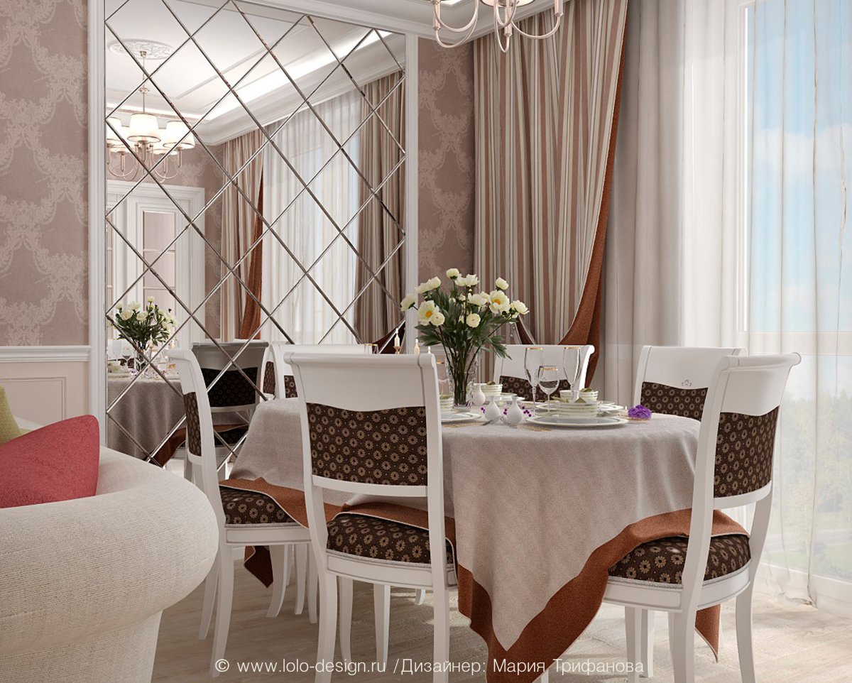 Зеркальное панно в интерьере столовой