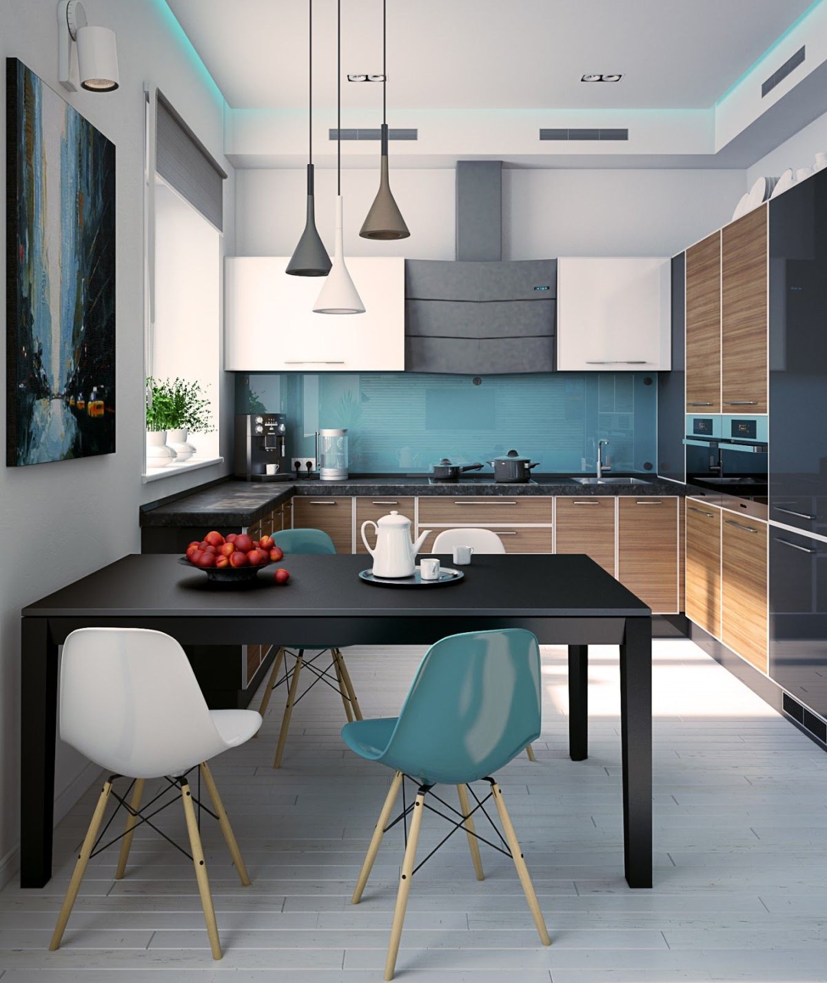 Кухня серая с бирюзовыми креслами