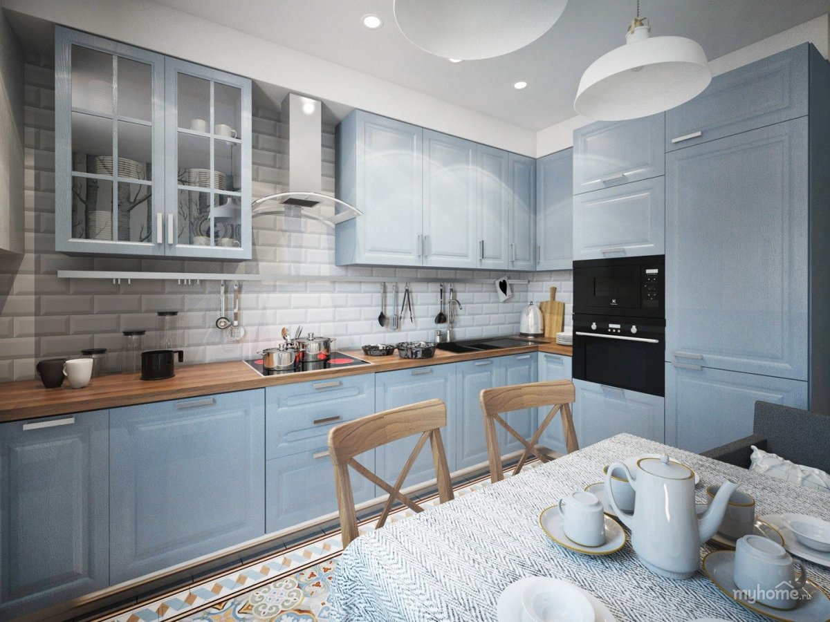 Серо-голубая кухня в интерьере