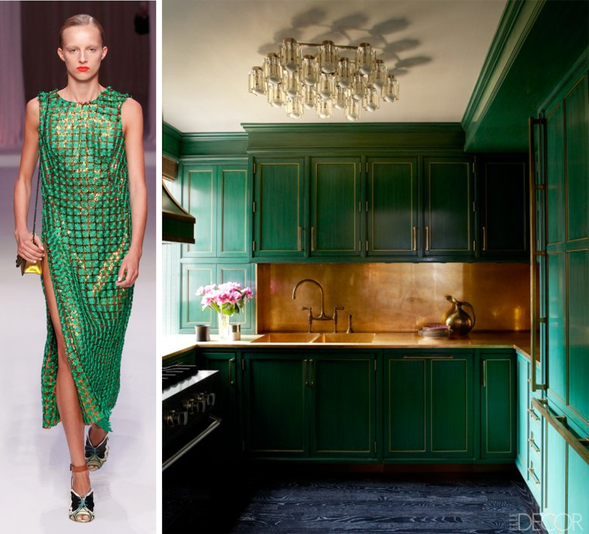 Кухня изумрудного цвета с деревянной столешницей