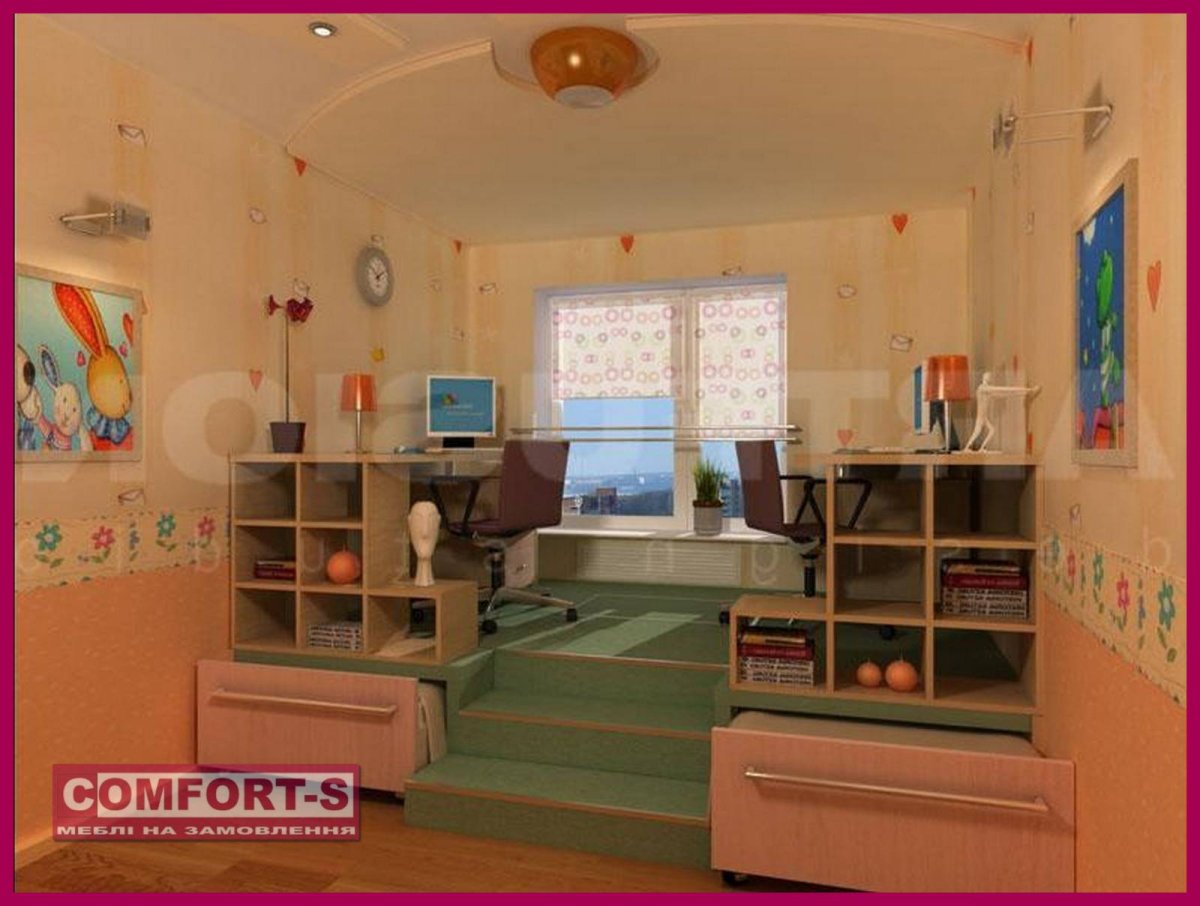 Детская комната с подиумом и выдвижными кроватями