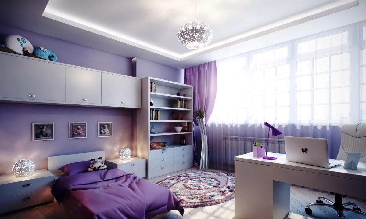 Интерьер комнаты с фиолетовыми шторами