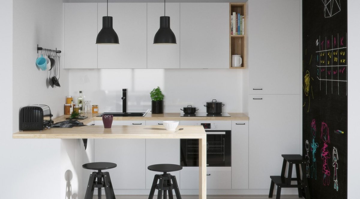 Бежевая кухня икеа с черной столешницей