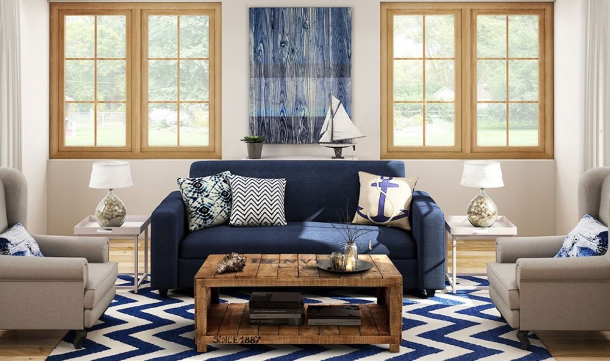 Гостиная с синим диваном