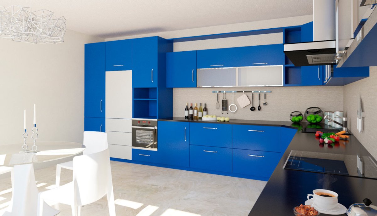 Кухня в голубых тонах с яркими акцентами