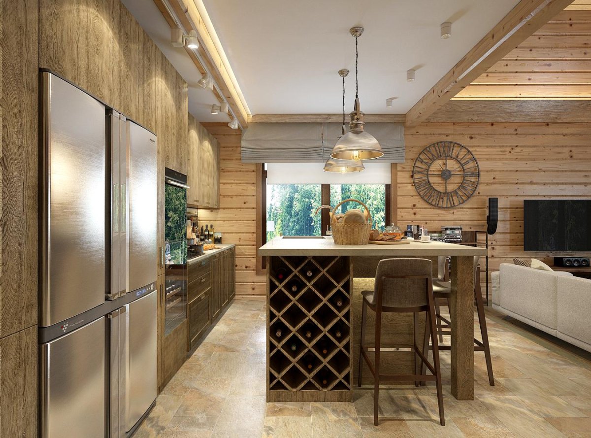 Имитация бруса в кухне гостиной