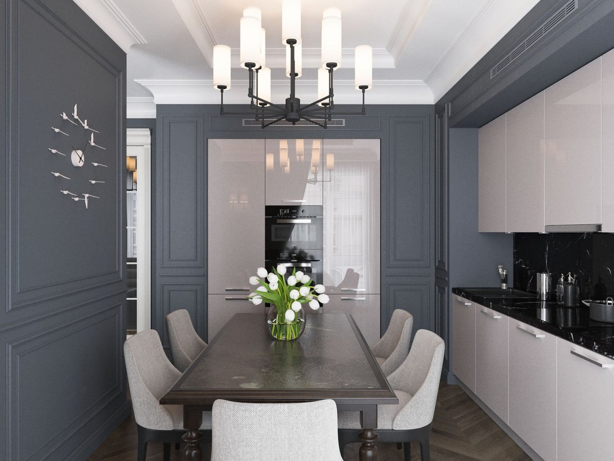 Молдинги на стенах в интерьере кухни