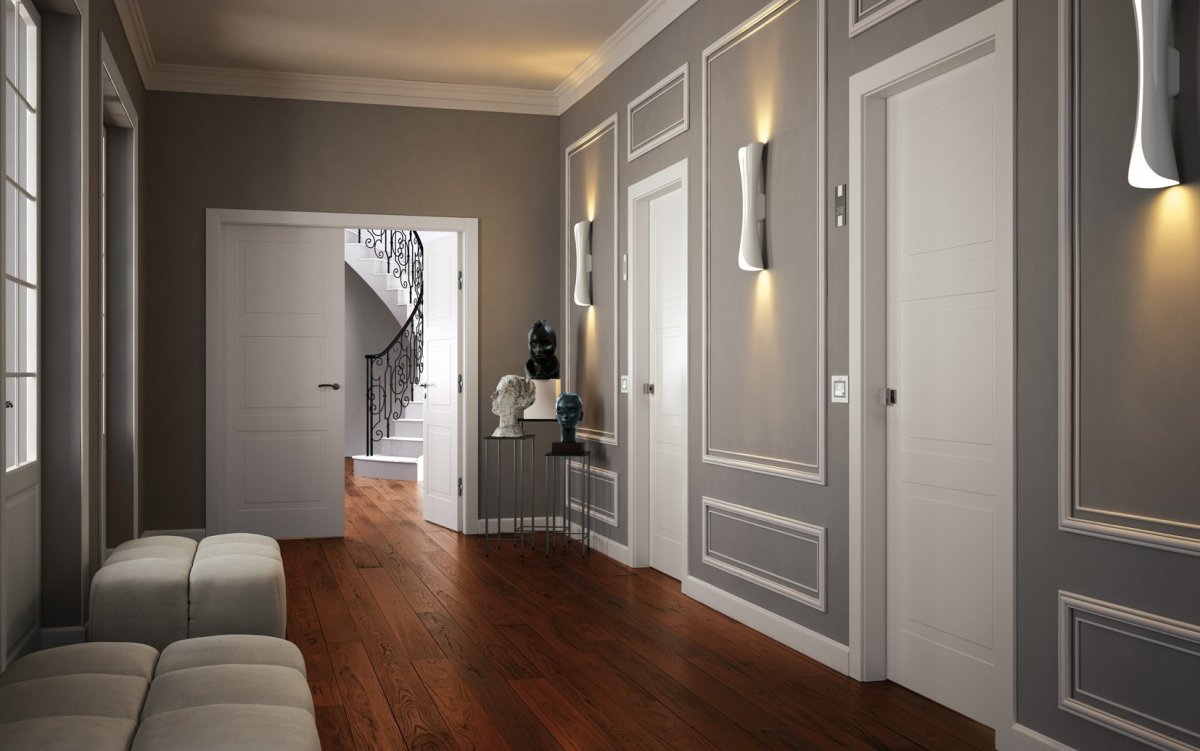 Серые двери и белый плинтус