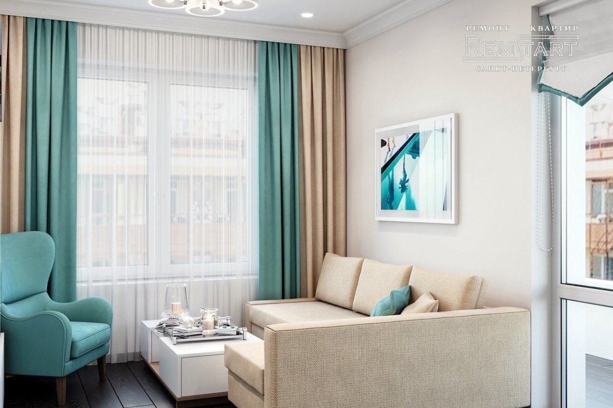 Изумрудные шторы в интерьере гостиной