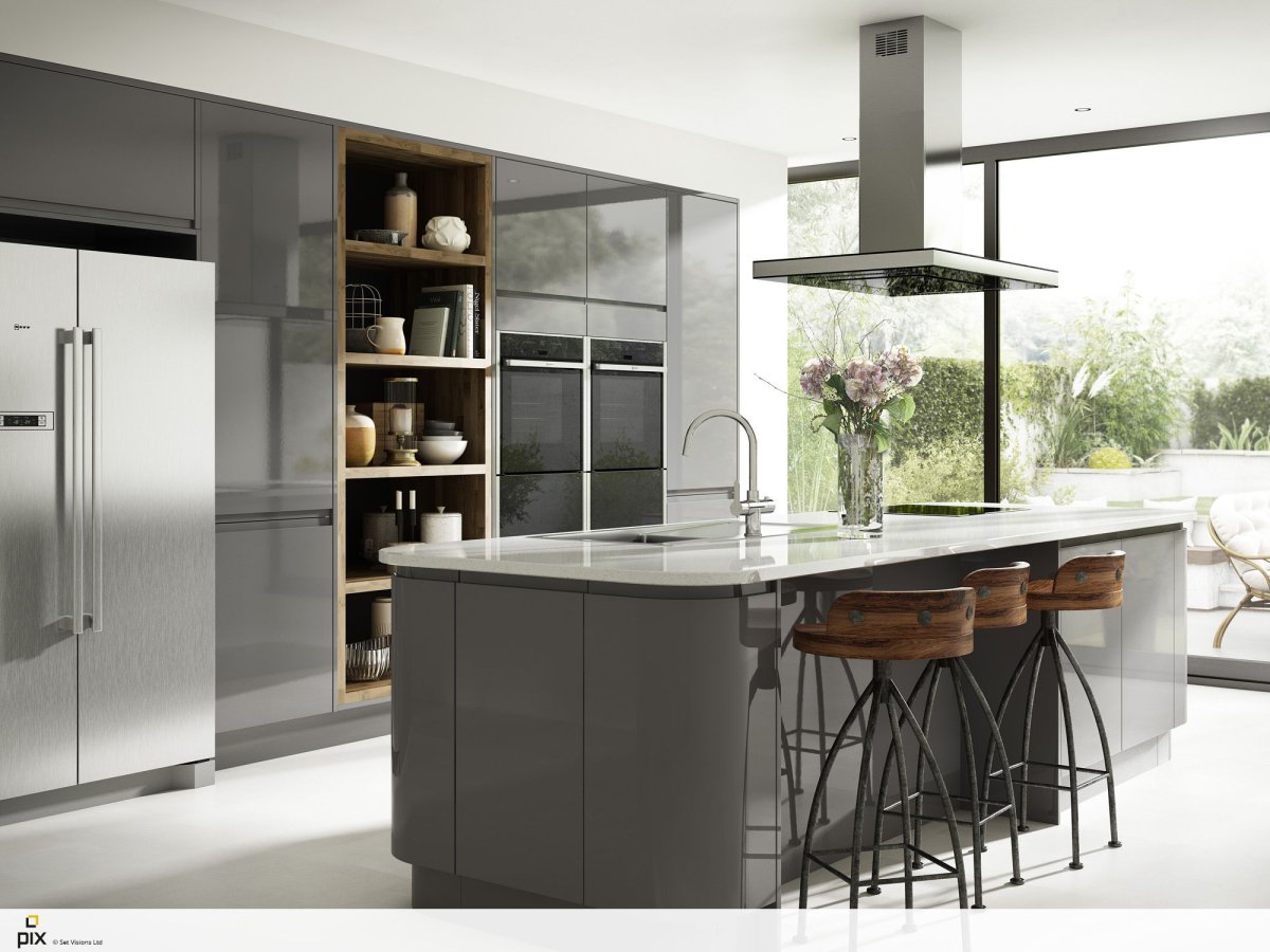 Кухня с островом в сером цвете