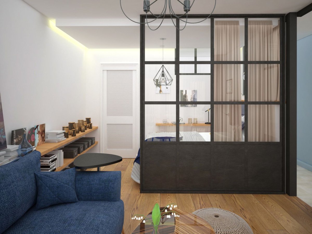 Спальня гостиная со стеклянной перегородкой