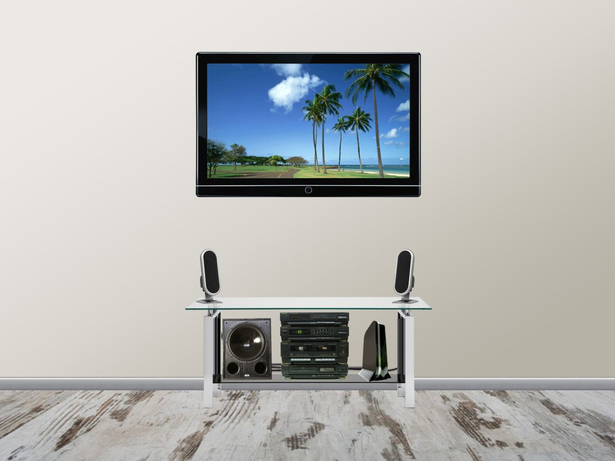 Телевизор на кронштейне в интерьере гостиной в углу