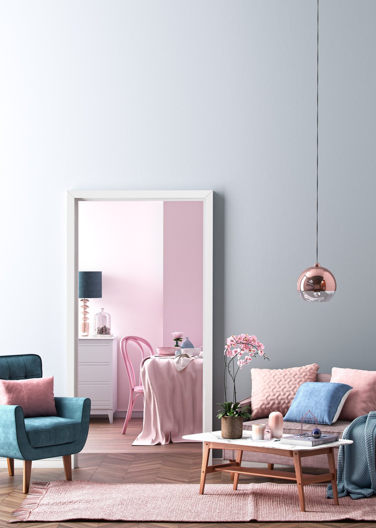 Интерьер гостиной в бежево-голубых тонах