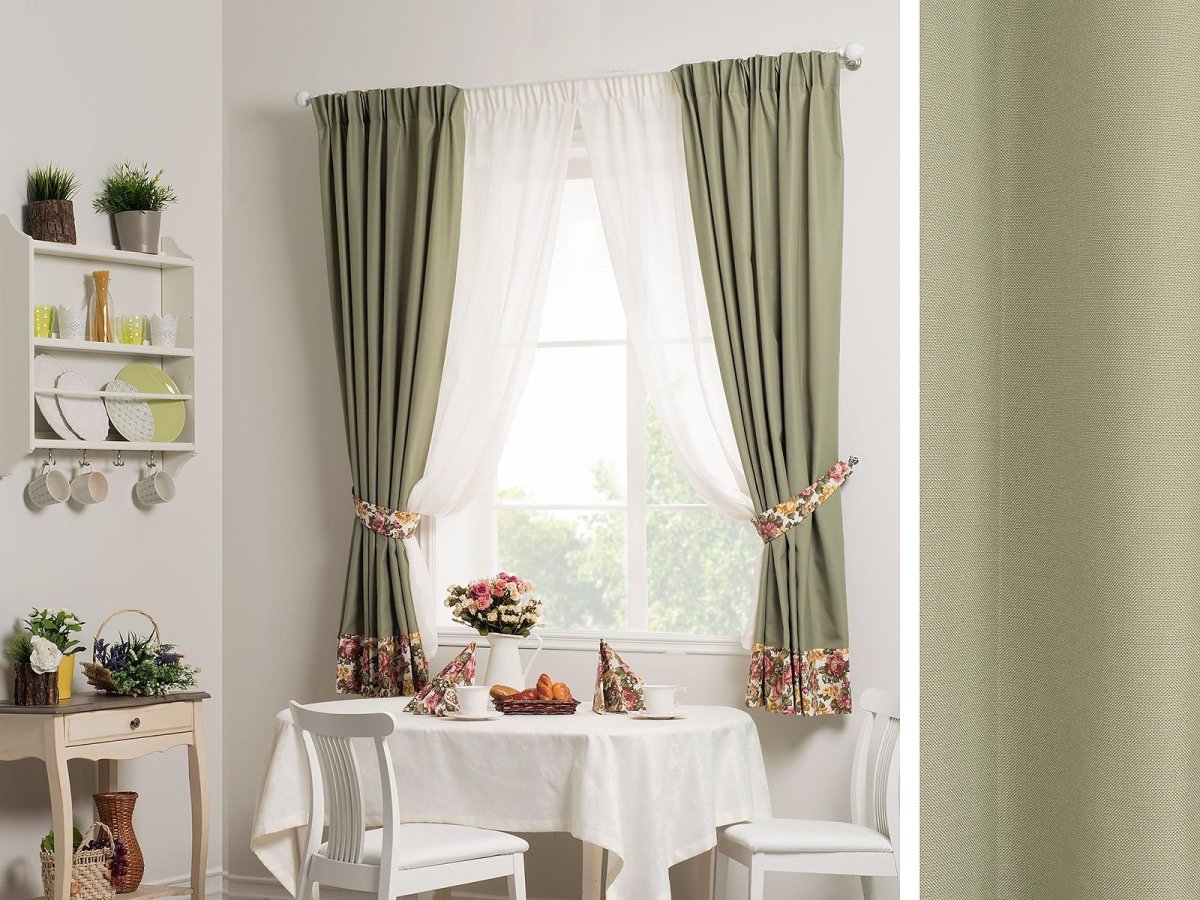 Зелёные шторы в интерьере кухни