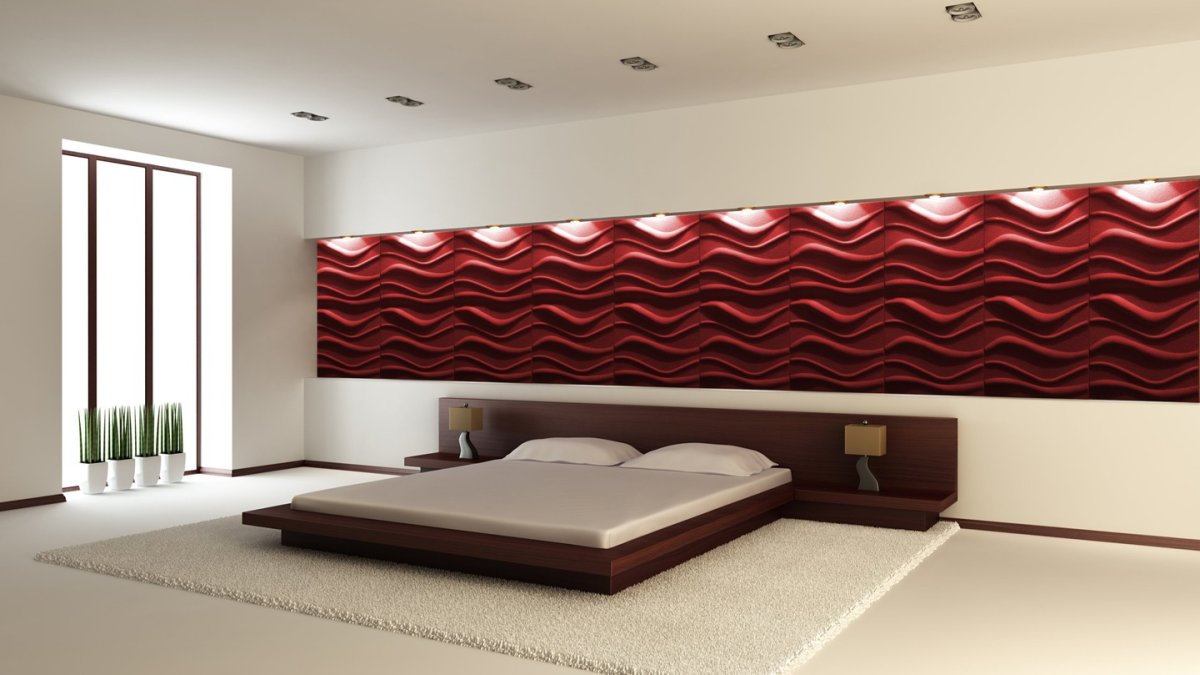 Спальня с деревянными рейками на стене