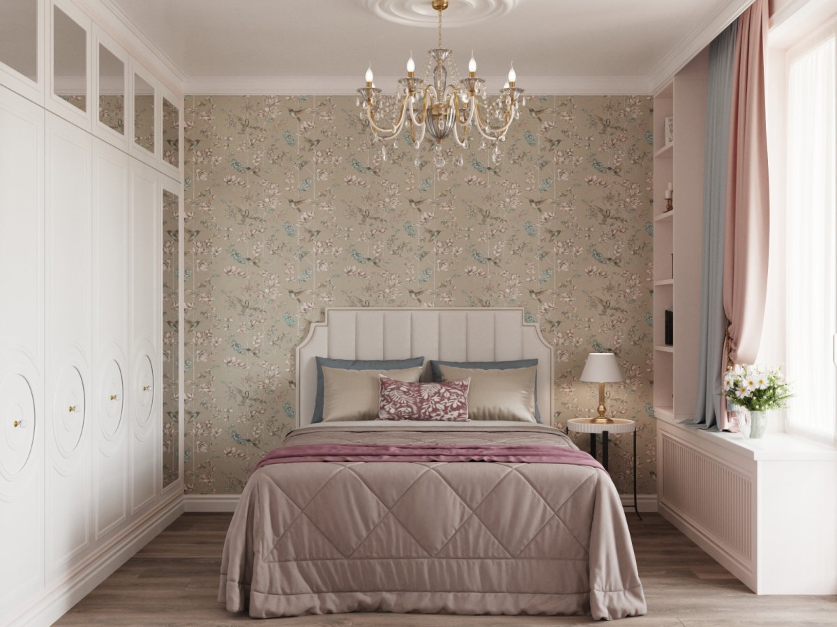 Пудровые шторы в интерьере спальни