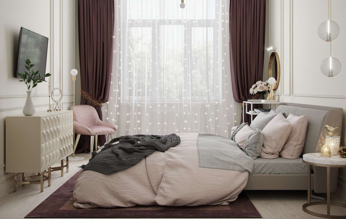 Шторы в спальню серые с розовым