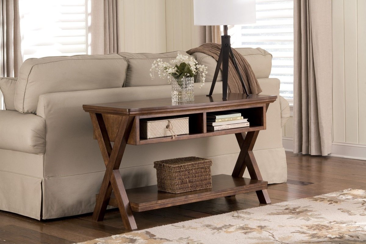 Консоль за диваном в интерьере