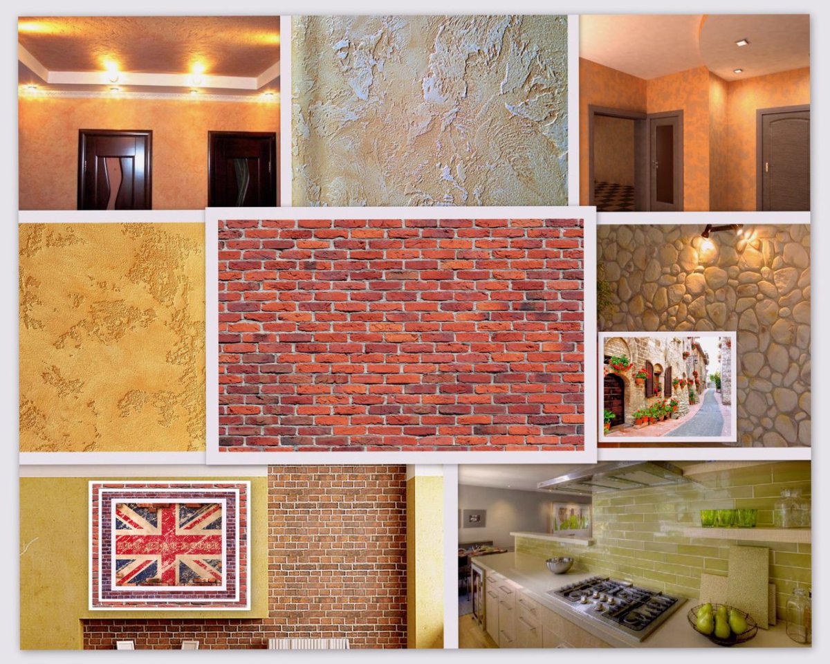 Сочетание декоративной штукатурки и кирпича в интерьере