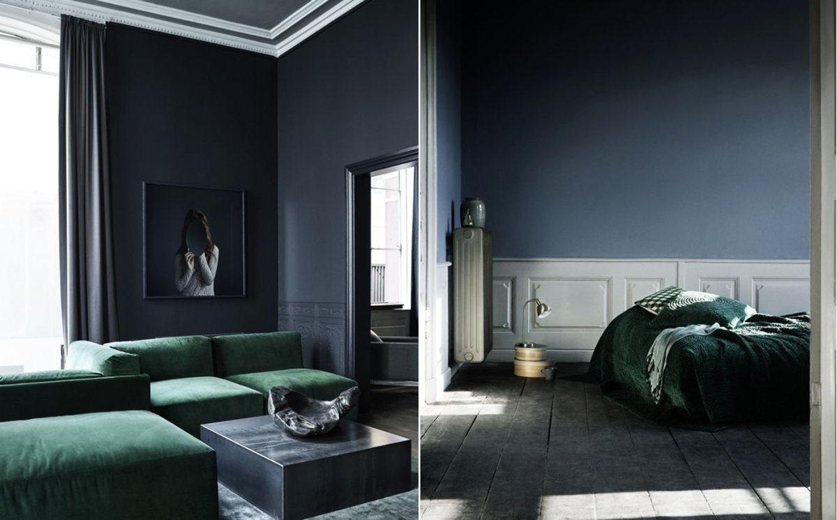 Серо синий интерьер спальни
