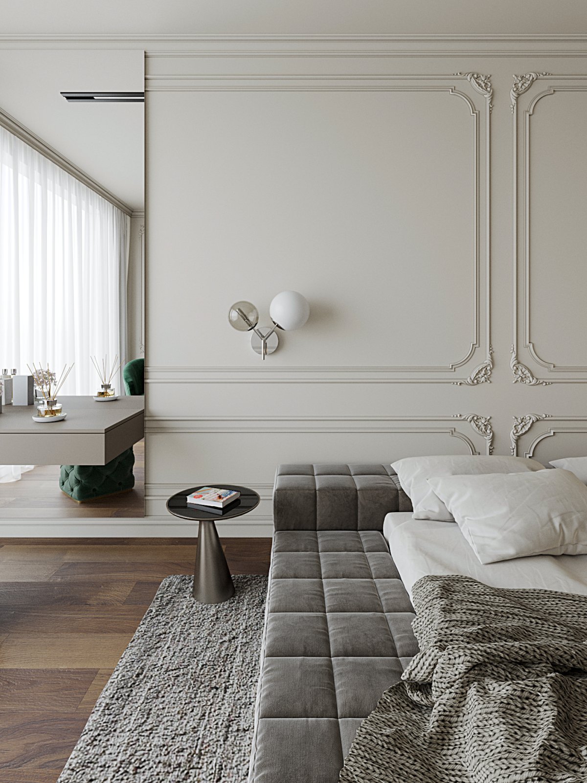 Молдинги в интерьере спальни в современном стиле