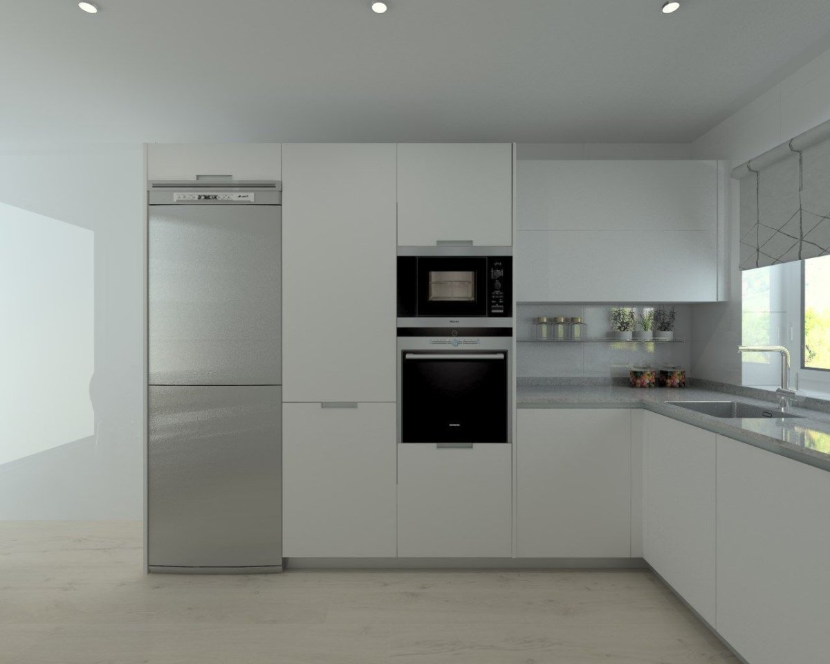 Серебристый холодильник на белой кухне