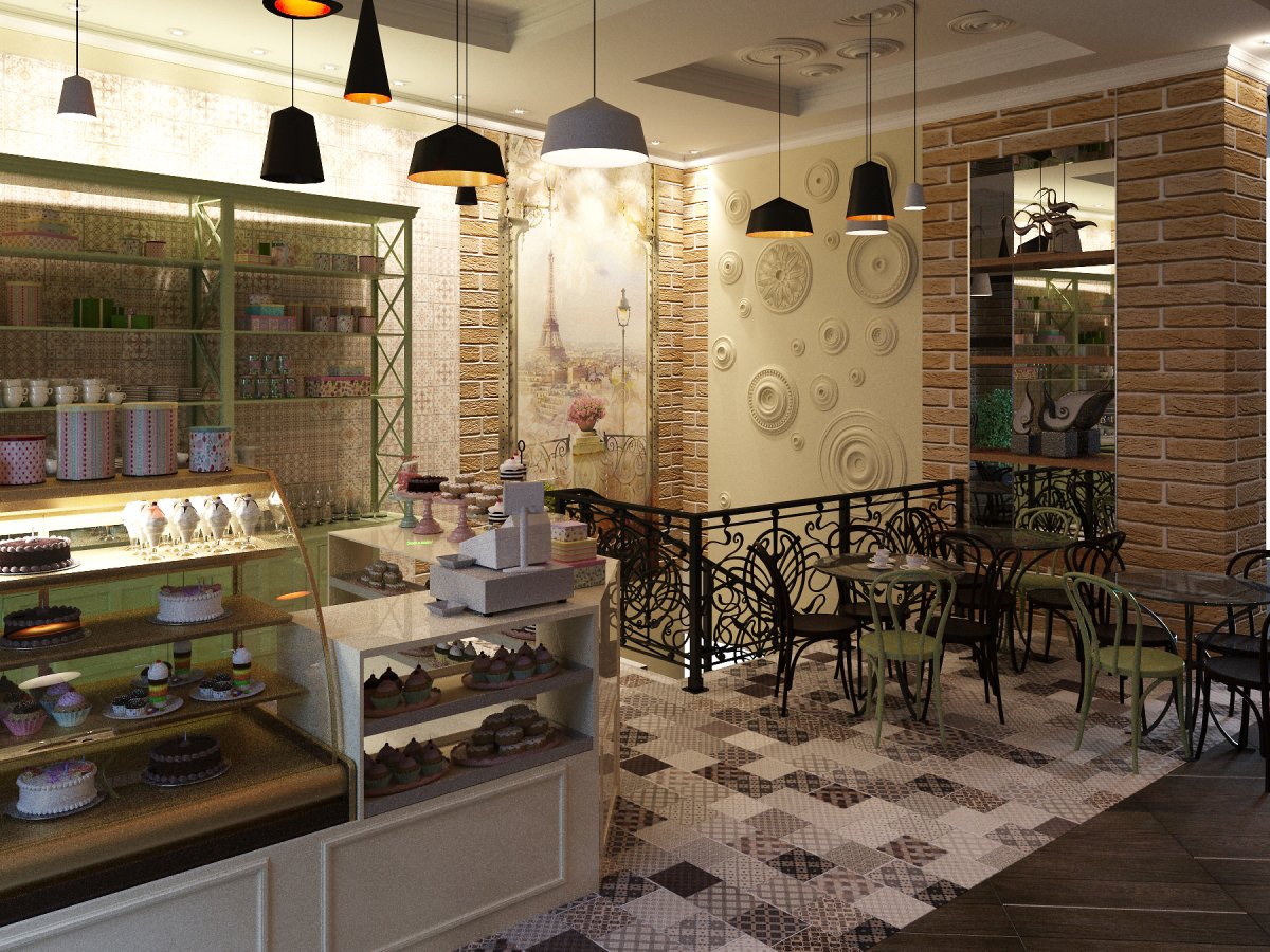 Зеркальный интерьер кондитерской