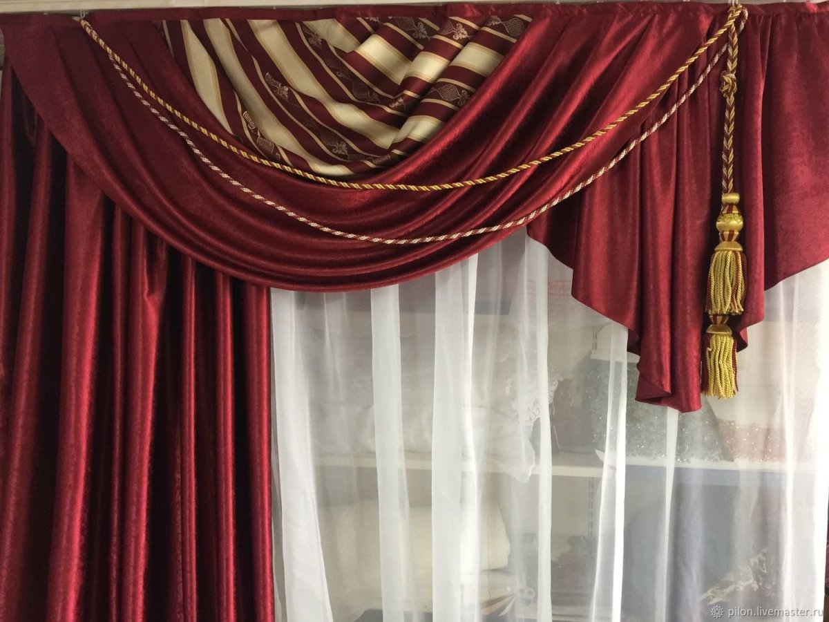 Шторы бархатные бордо в замках с ламбрекеном 100 220см