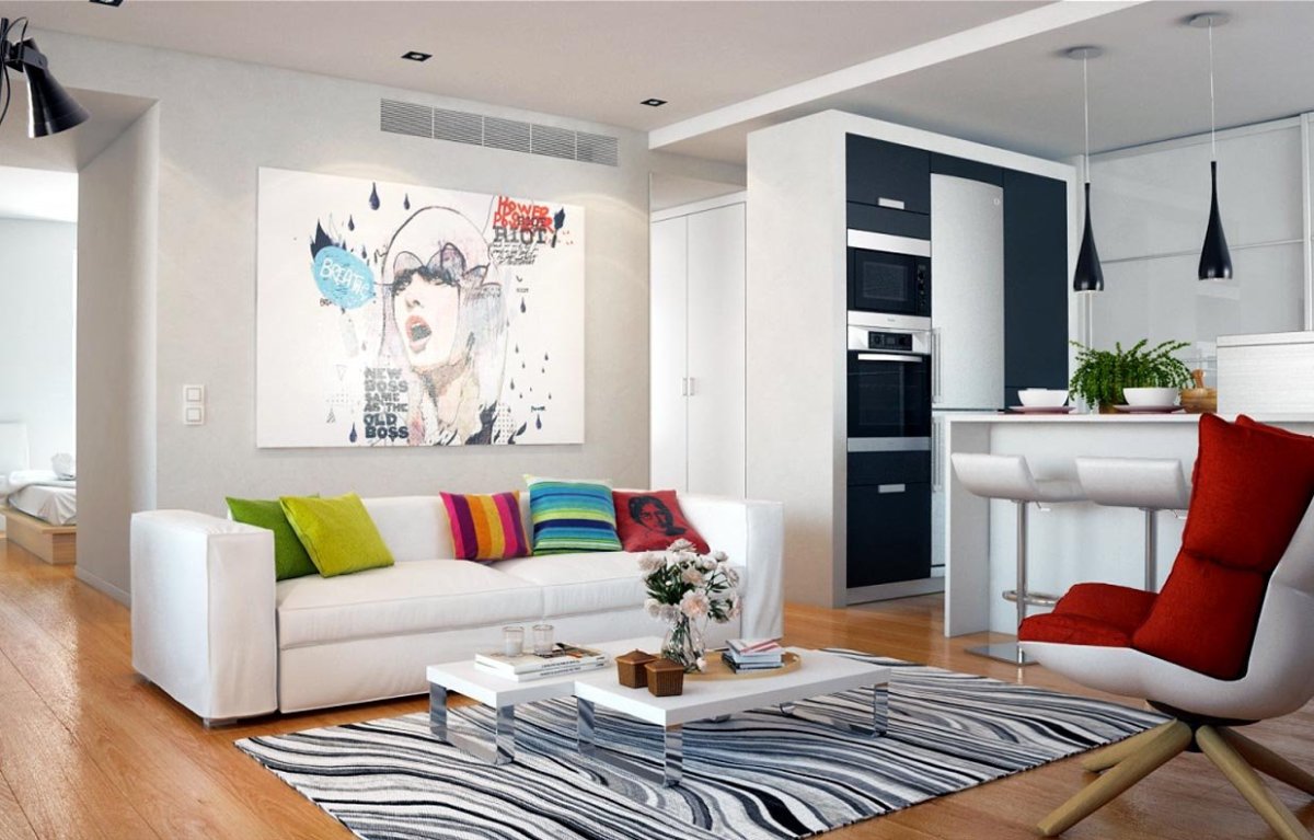 Серый интерьер с яркими акцентами