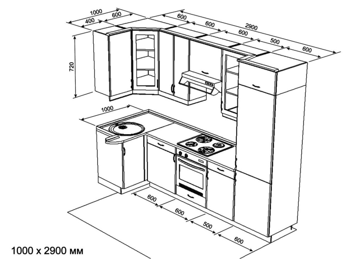 Планировка маленькой угловой кухни