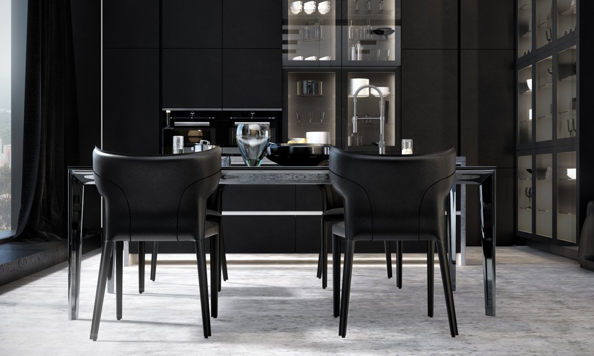 Кухня темных тонов с деревянной столешницей