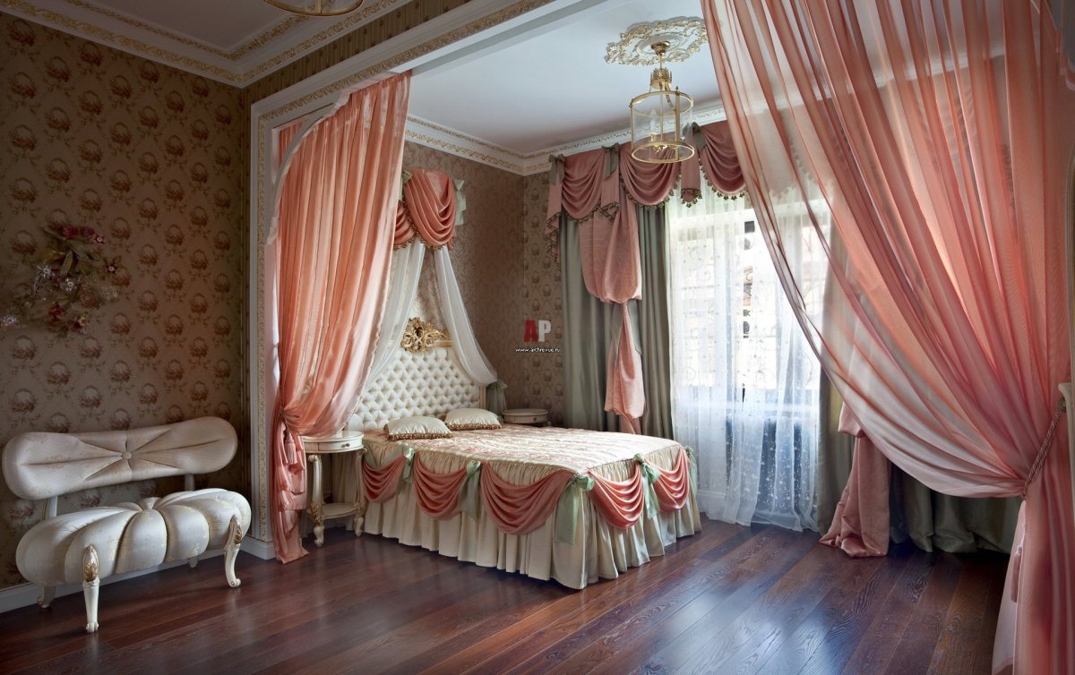 Шторы в спальню серые с розовым