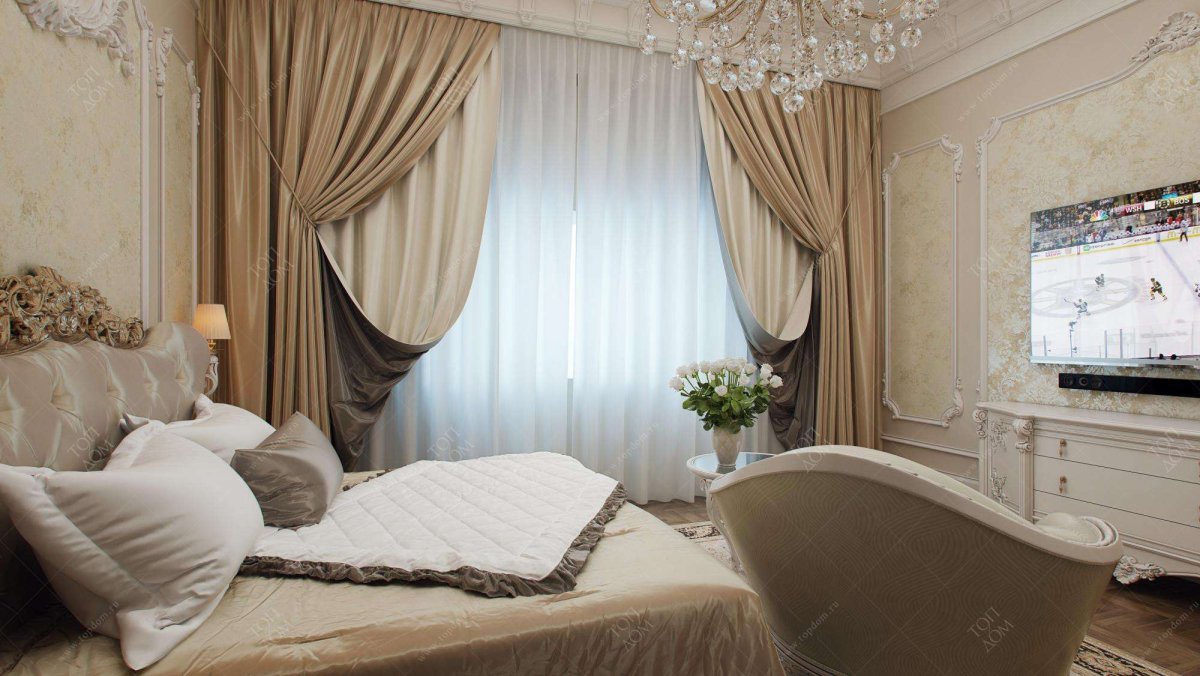 Серо бежевые шторы в спальне