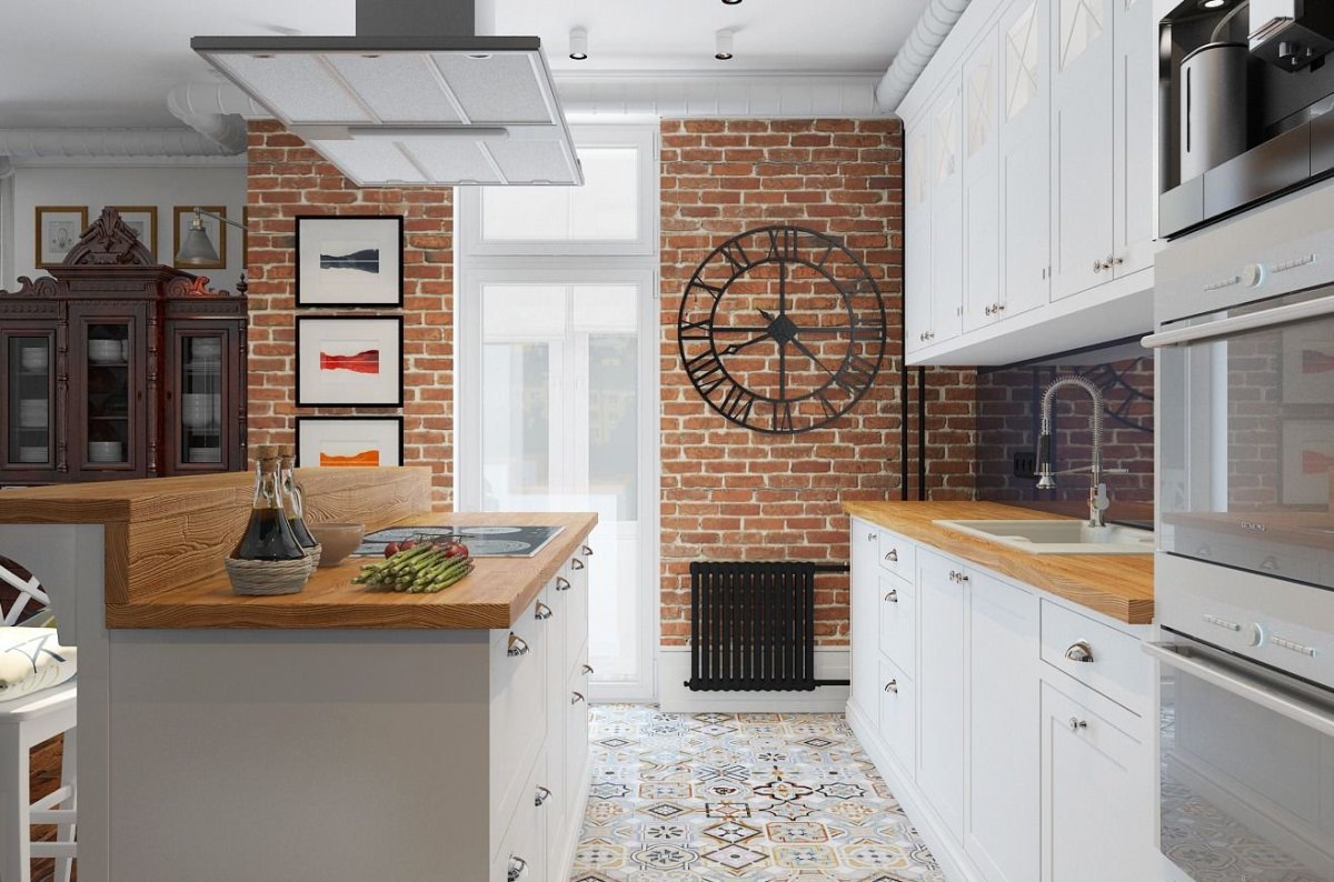 Кухня лофт с кирпичной стеной