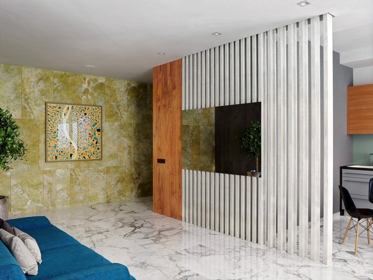 Деревянные рейки на стене с телевизором